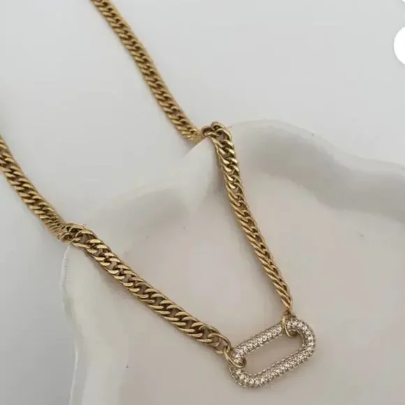 Gold Zircon Rectangular Charm Necklace Chain Link - Picture 9 of 11